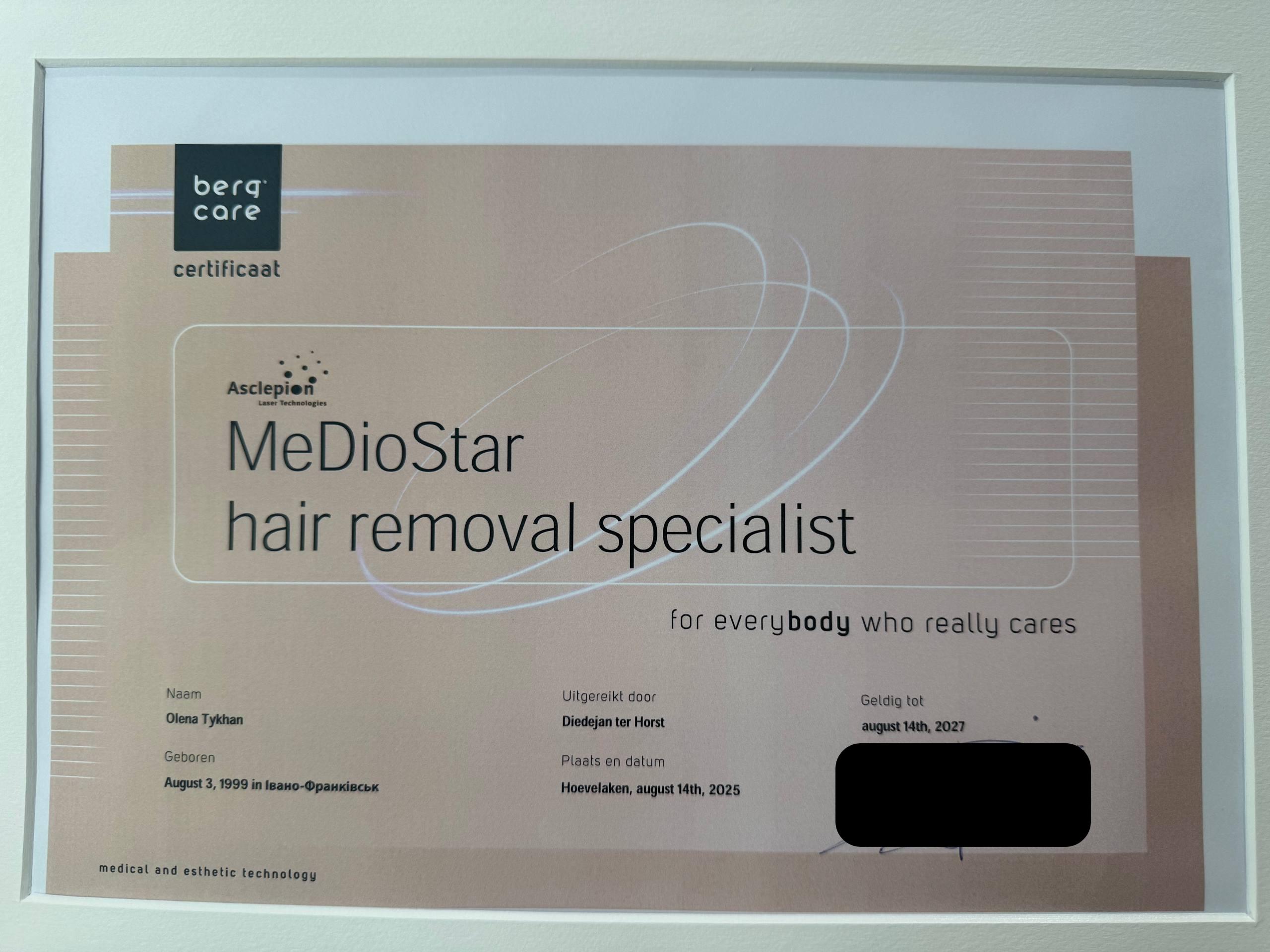 MeDioStar operator certificate — Olena Tykhan